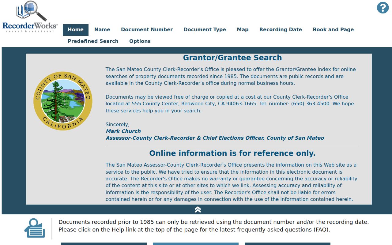 Redwood City people search in the RecorderWorks recorded document index