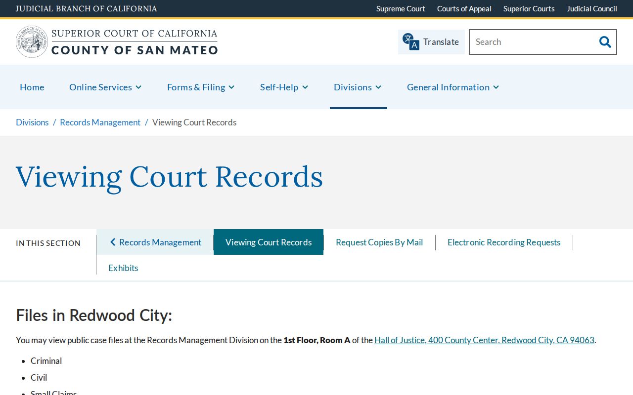 Redwood City public records viewing rules at San Mateo Superior Court