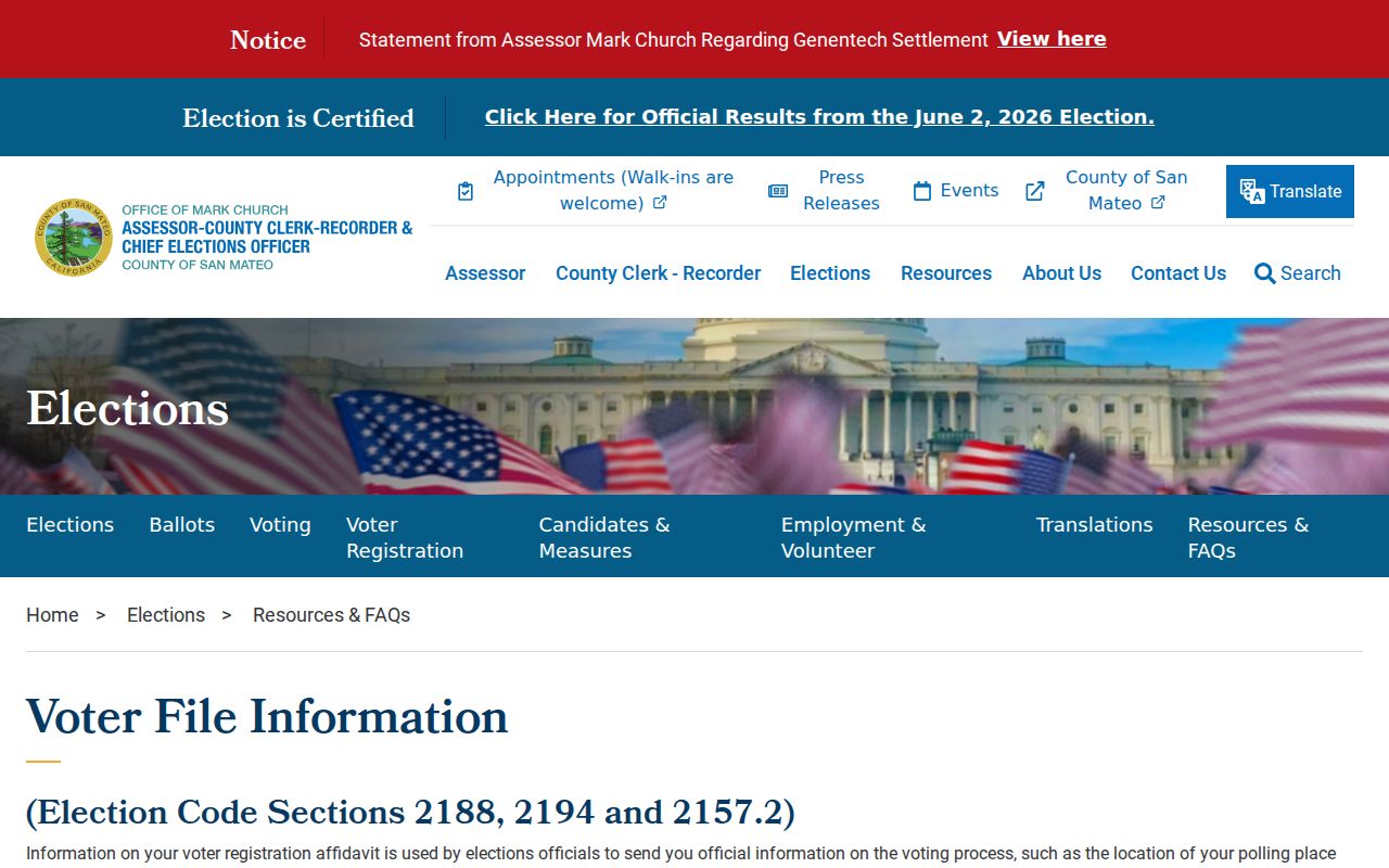 Redwood City voter records request rules on the San Mateo County voter-file page