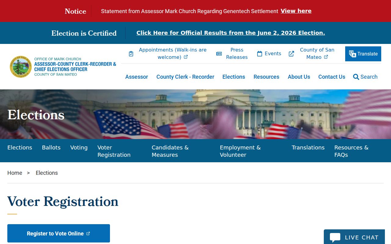 Redwood City voter registration information from San Mateo County Elections